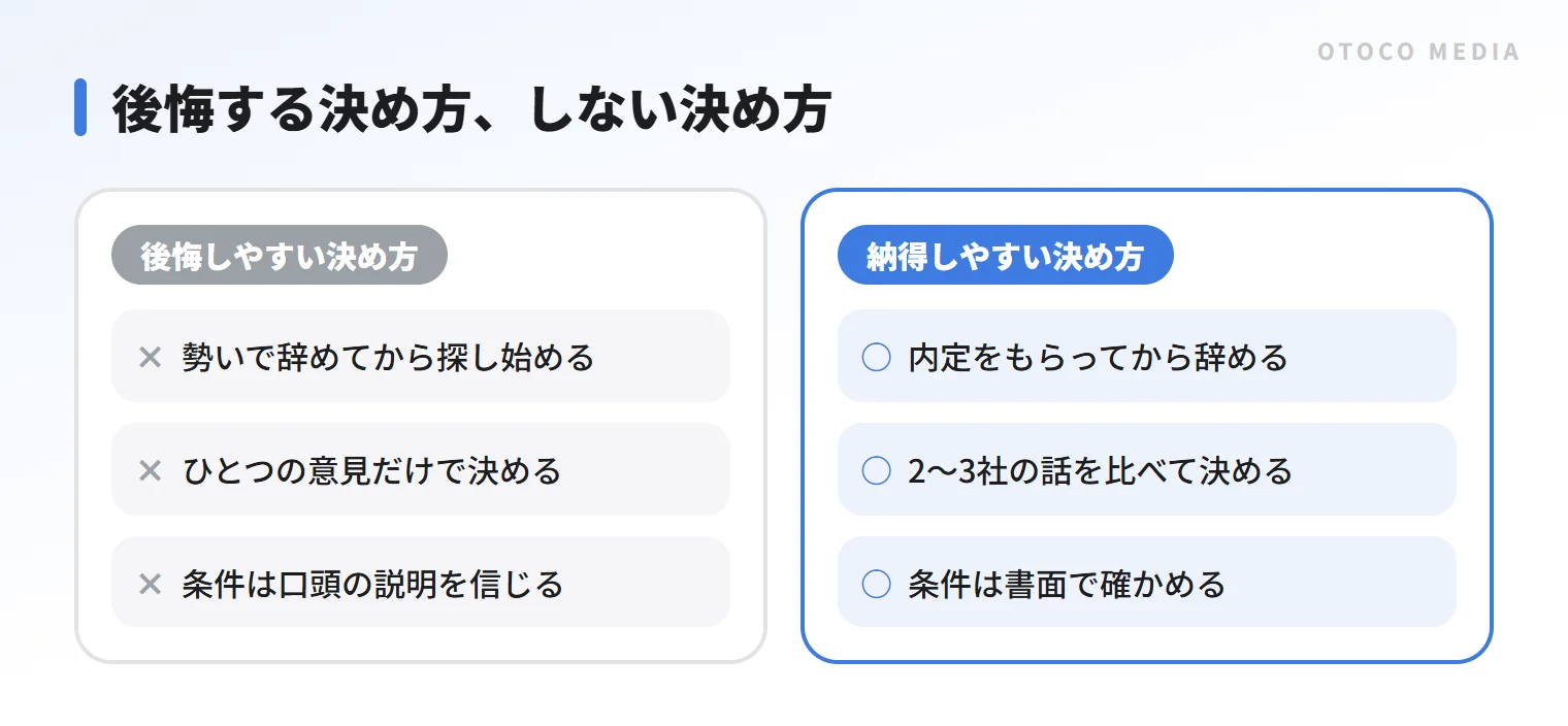 後悔しやすい決め方と納得しやすい決め方の比較。辞める時期や条件の確かめ方が違う